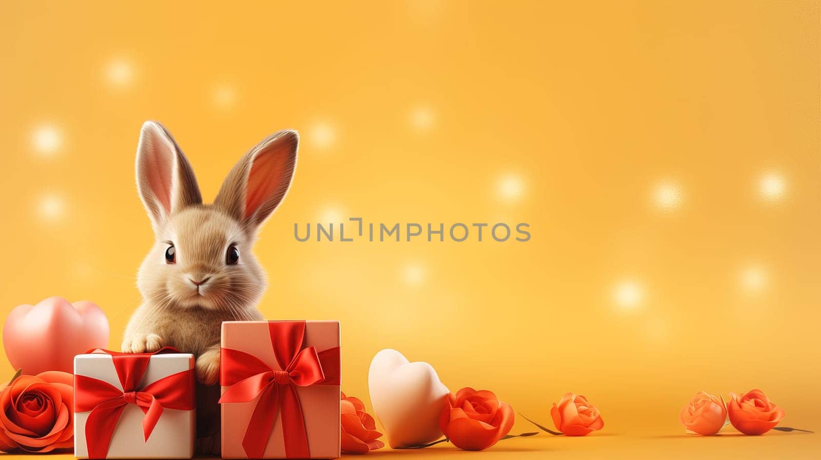 Valentine's Day blank space with cute rabbit gift boxes, roses, red heart, background generative ai