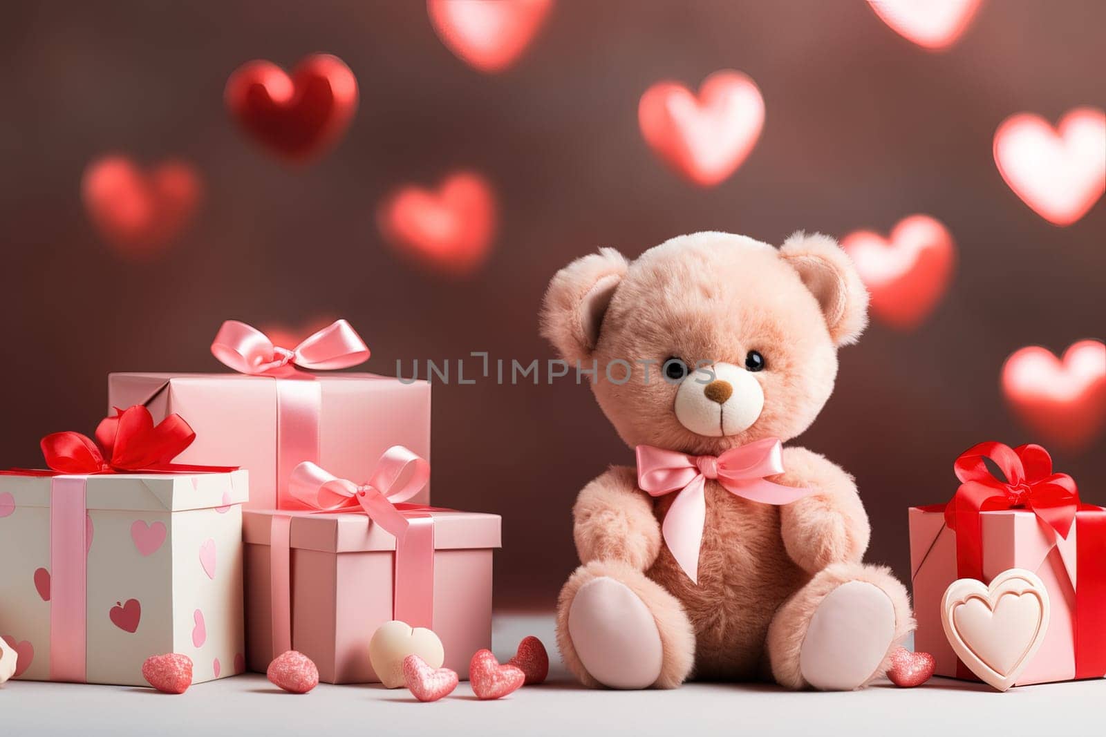 Valentine's Day blank space with cute bear gift boxes, roses, red heart, background generative ai. by Manastrong