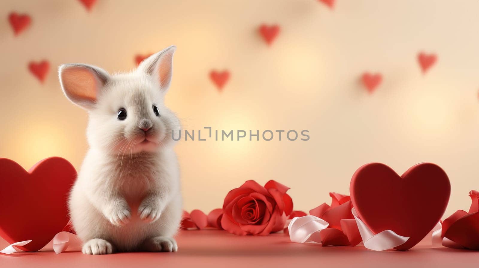 Valentine's Day blank space with cute rabbit gift boxes, roses, red heart, background generative ai