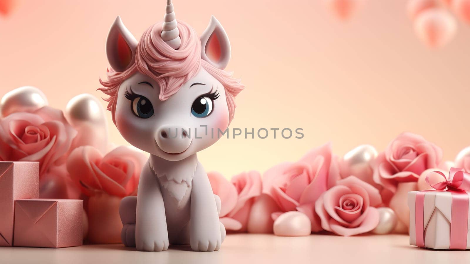 Valentine's Day blank space with cute unicorn gift boxes, roses, red heart, background generative ai