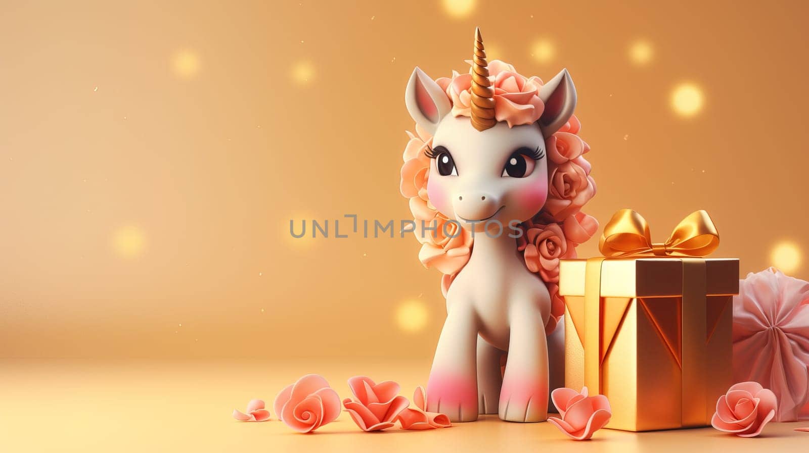 Valentine's Day blank space with cute unicorn gift boxes, roses, red heart, background generative ai