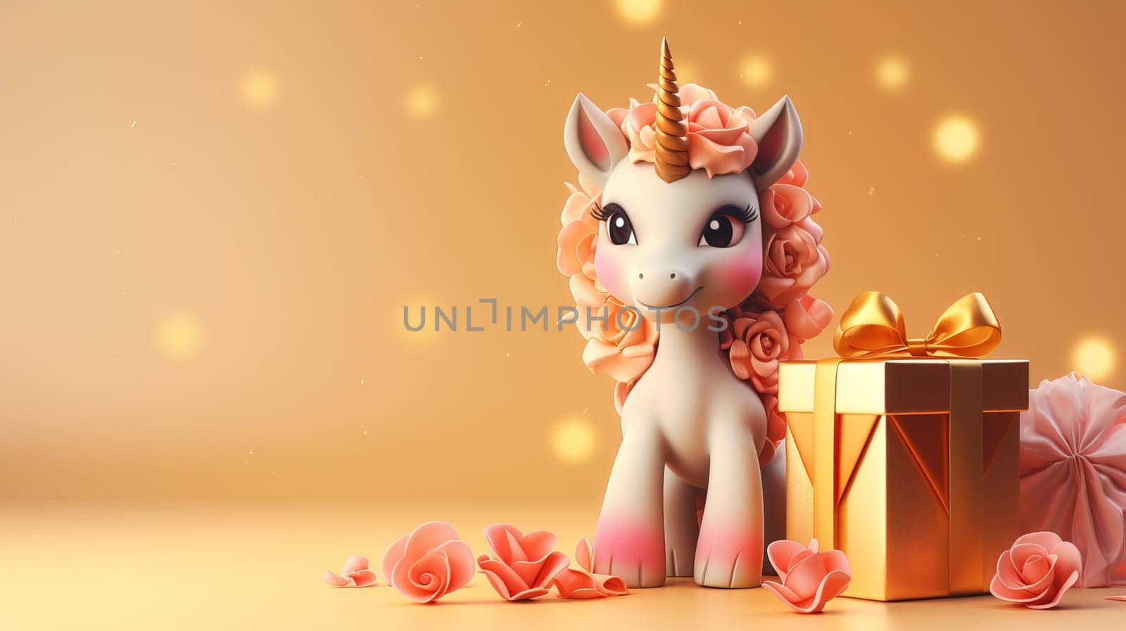 Valentine's Day blank space with cute unicorn gift boxes, roses, red heart, background generative ai. by Manastrong