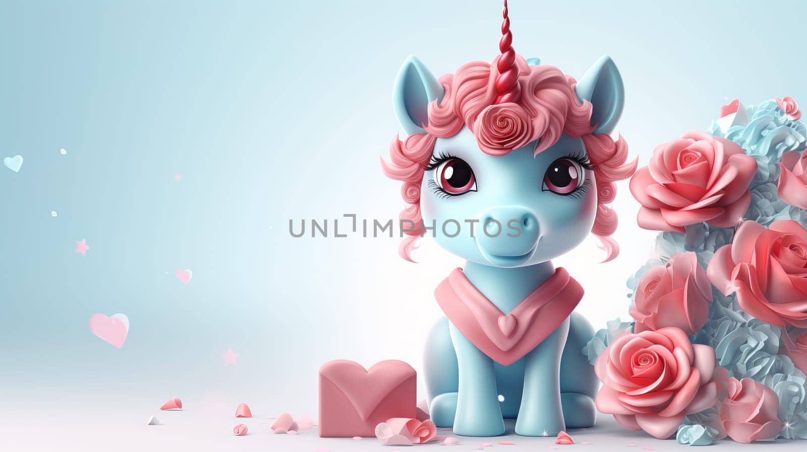 Valentine's Day blank space with cute unicorn gift boxes, roses, red heart, background generative ai