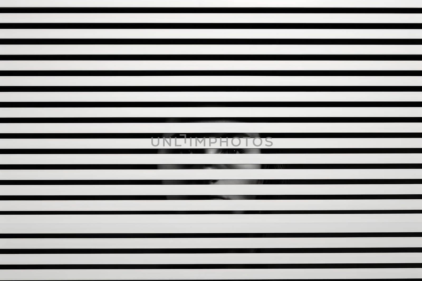 Scary eye peek out of strip lines abstract concept of unhappy vision minimal comeliness