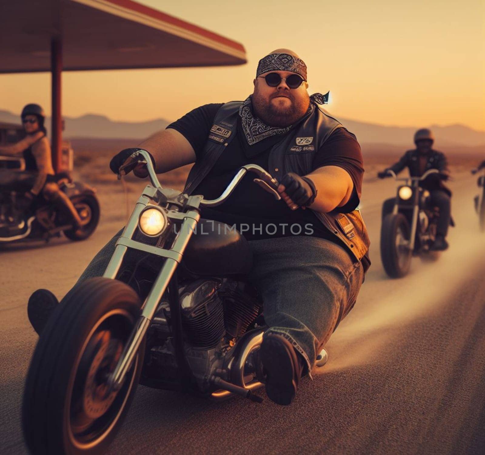 gang of pinup girl and plus size retro vandals in steampunk hot rods and tuned bikes burning rubber, wearing jeans and leather, gas station , desert road, comics illustration, mad max ai generated