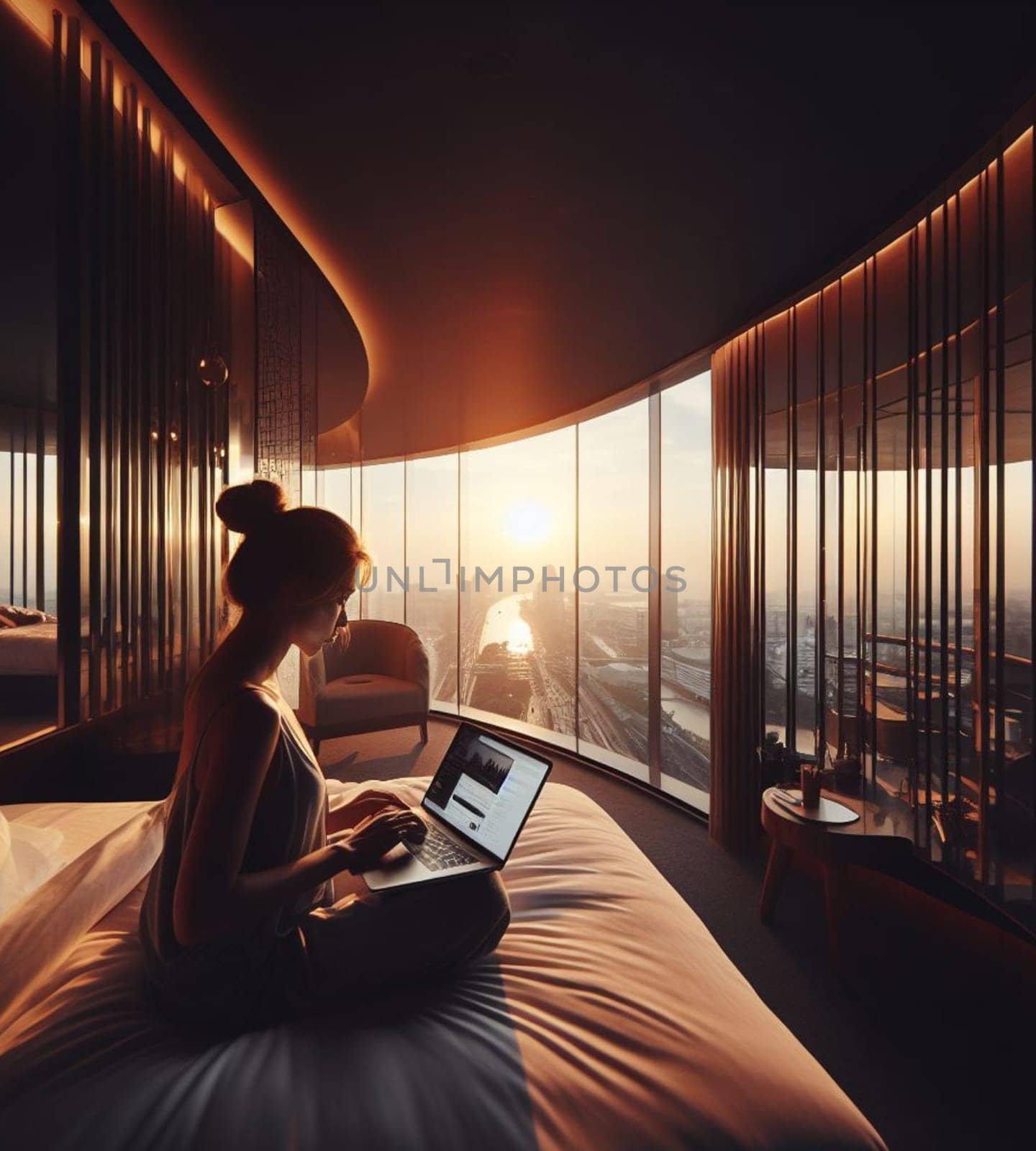 young boss manager trader woman remote work laptop luxury bedroom suite early morning panorama by verbano