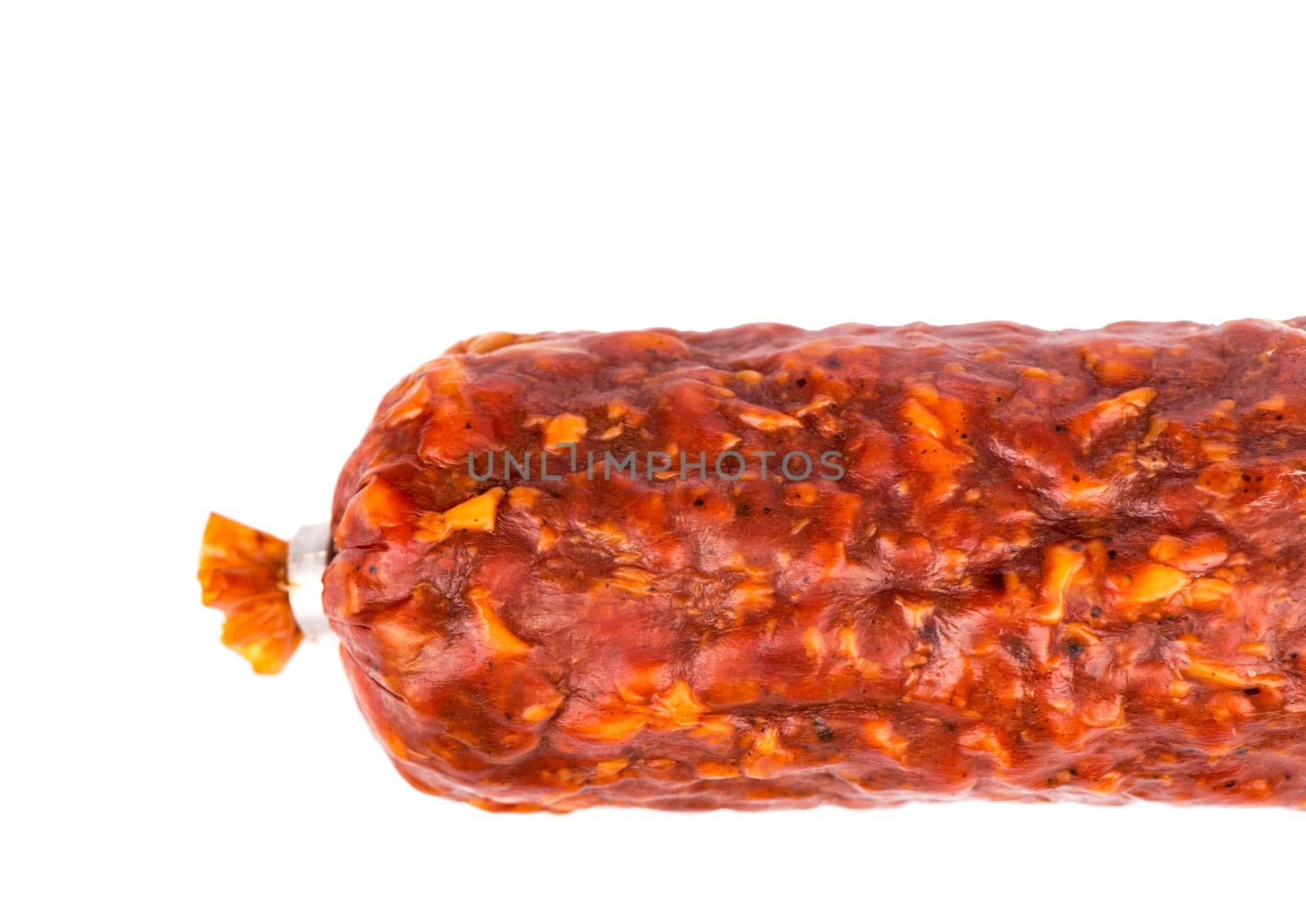 piece of smoked pork sausage with lard on a white background it is isolated by aprilphoto