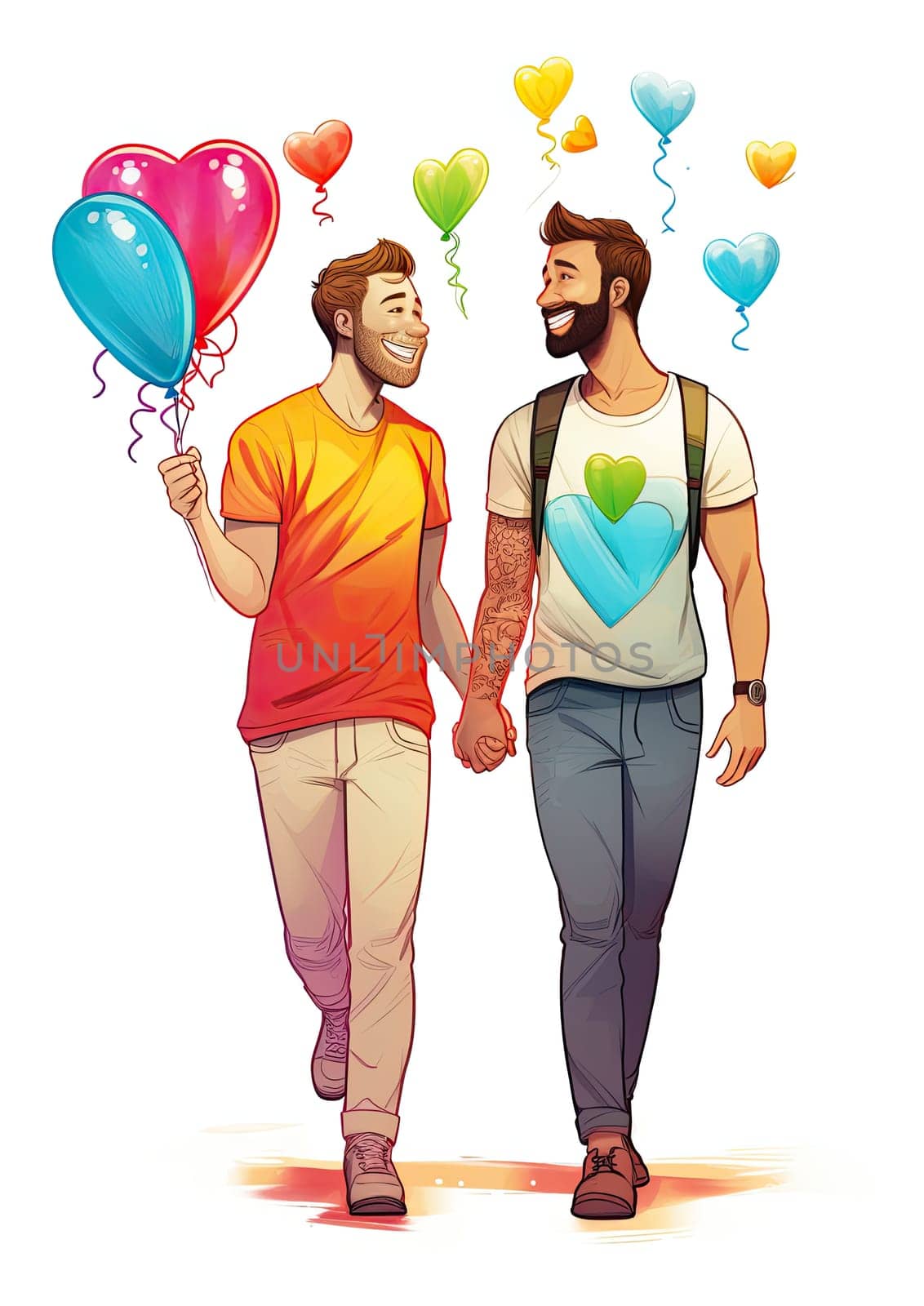Illustration of two gay men holding hands and laughing with balloons in heart shape isolated on white background.