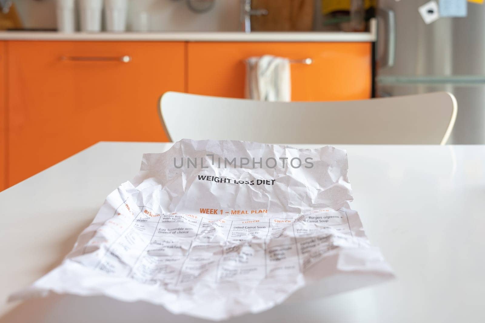 A crumpled sheet of paper with a diet on a kitchen table.