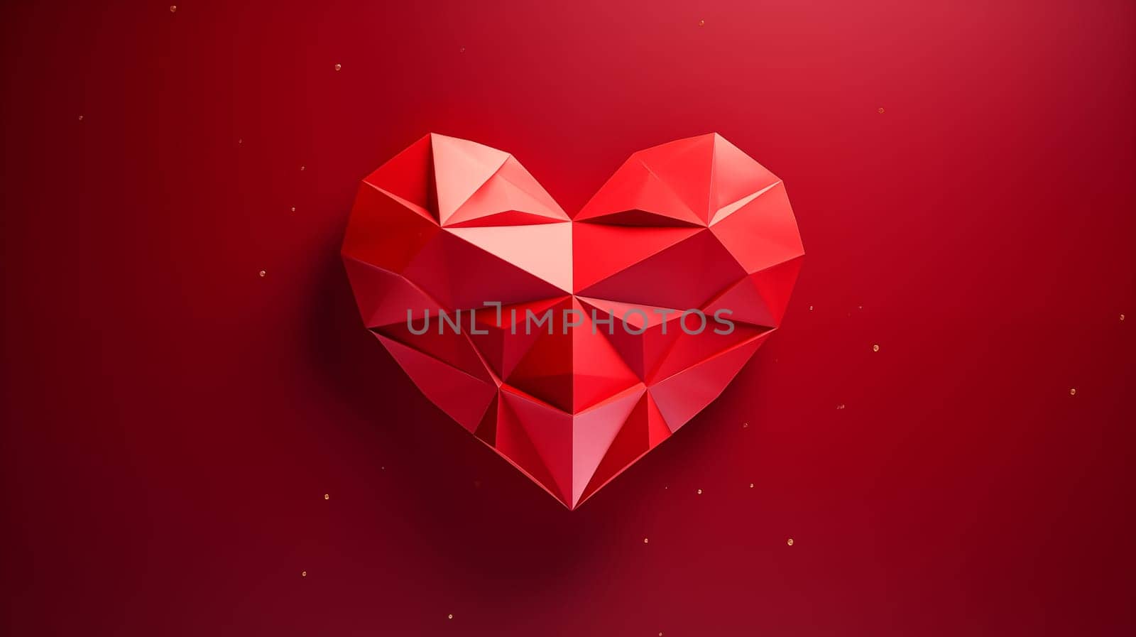 Mockup Red Beautiful Origami 3d Heart On Red Paper Background. Shiny Polygon Heart For Saint Valentine's Day. Love, Romance For February 14. Ai Generated. Horizontal Plane. High quality photo
