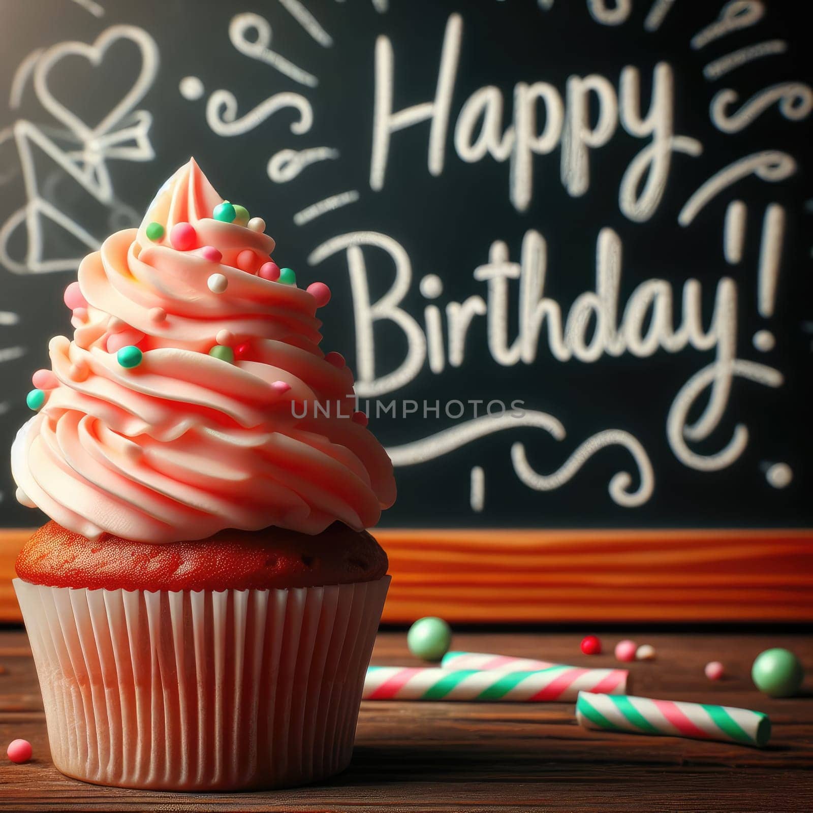 Birthday cupcake in front of a chalkboard. words HAPPY BIRTDAY!!! on chalk board. Macro lens