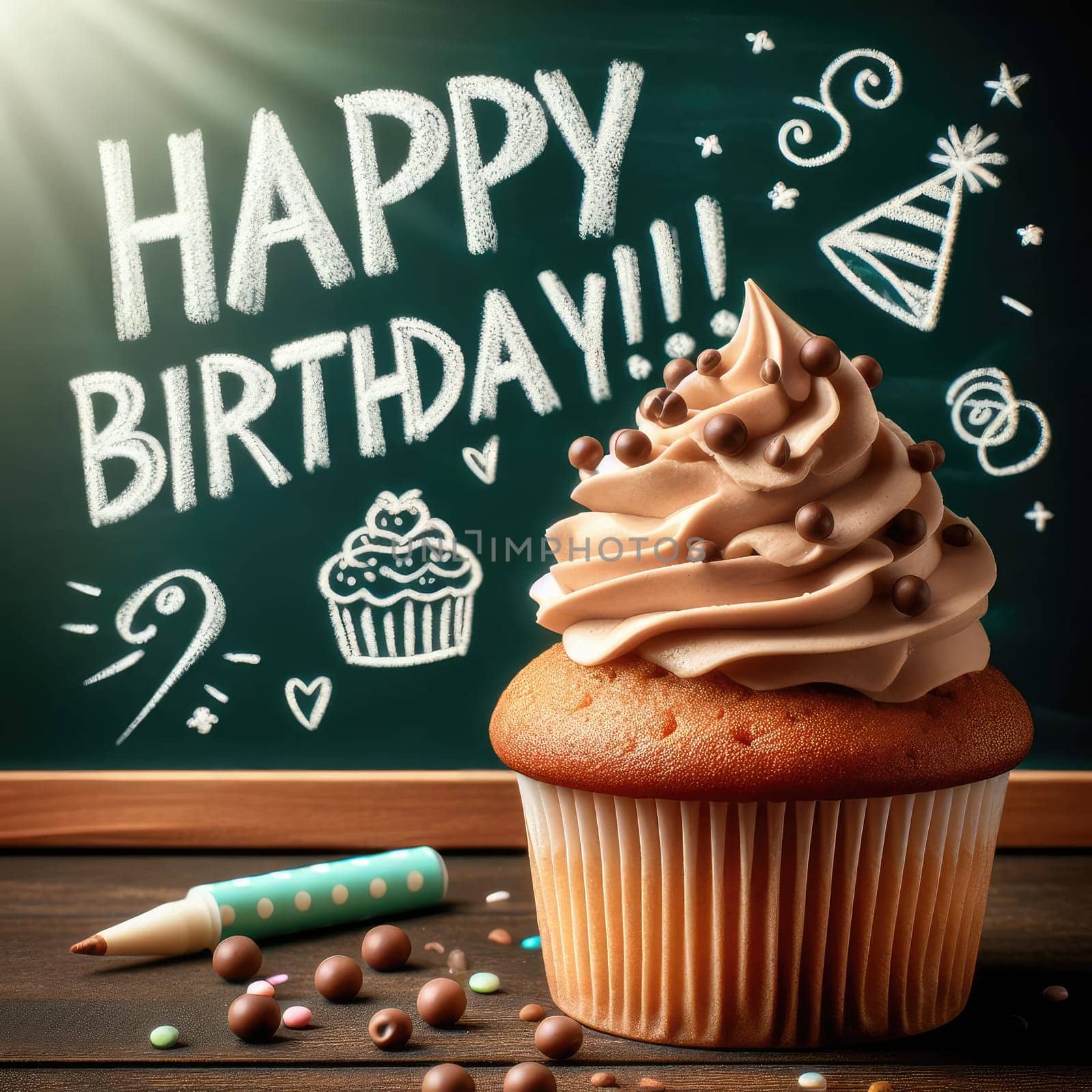 Birthday cupcake in front of a chalkboard. words HAPPY BIRTDAY!!! on chalk board. Macro lens