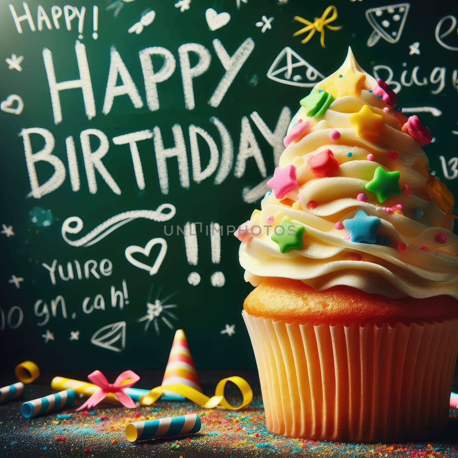 Birthday cupcake in front of a chalkboard. words HAPPY BIRTDAY!!! on chalk board. Macro lens