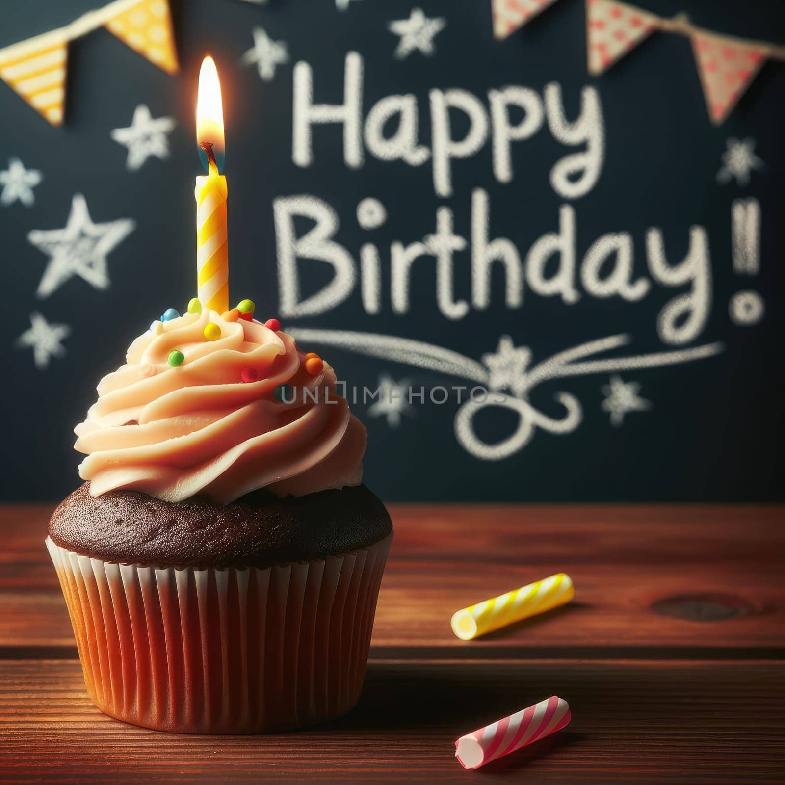 Birthday cupcake in front of a chalkboard. words HAPPY BIRTDAY!!! on chalk board. Macro lens