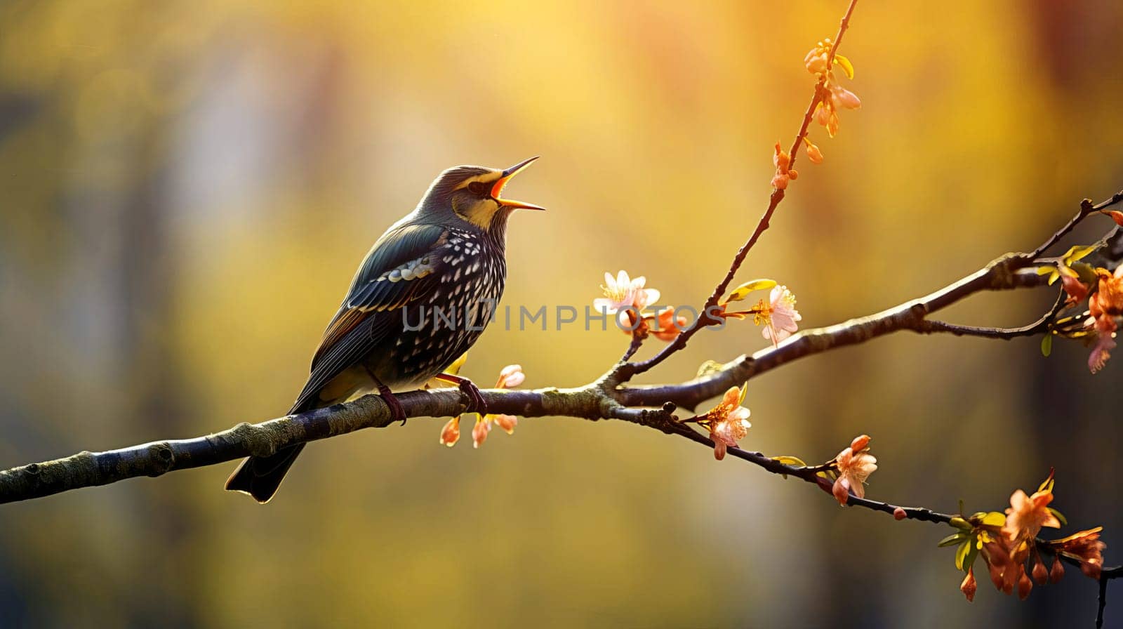 In early spring, a starling sings on a tree branch, AI generated.