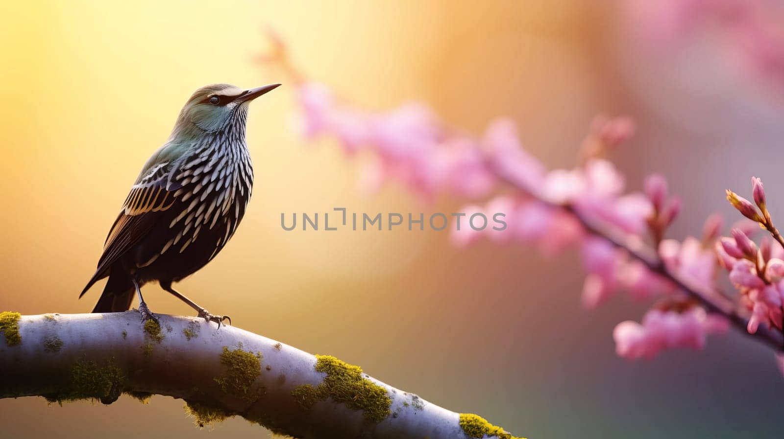 In early spring, a starling sings on a tree branch, AI generated.