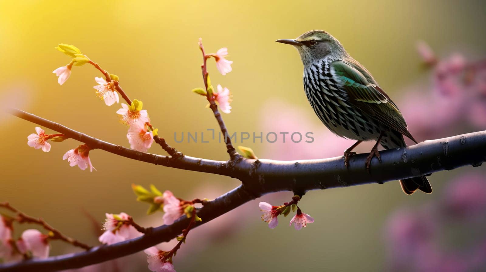 In early spring, a starling sings on a tree branch, AI generated.