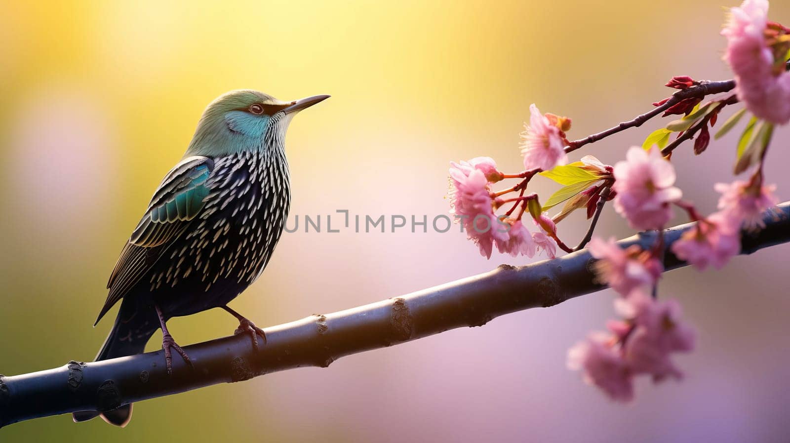 In early spring, a starling sings on a tree branch, AI generated.
