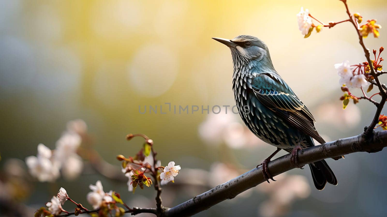 In early spring, a starling sings on a tree branch, AI generated.