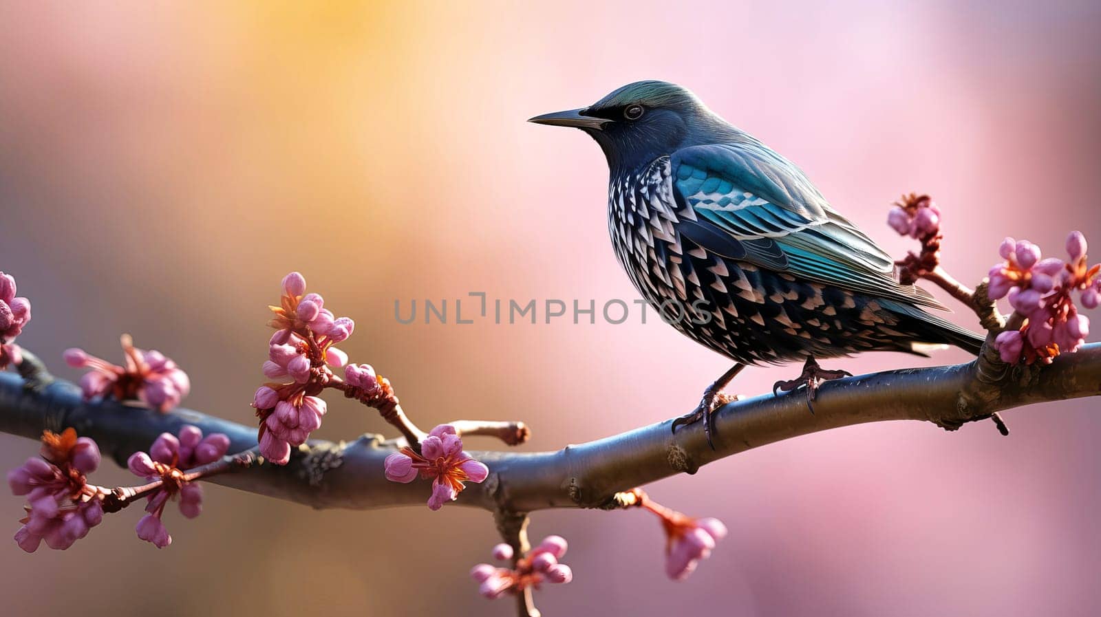 In early spring, a starling sings on a tree branch, AI generated.