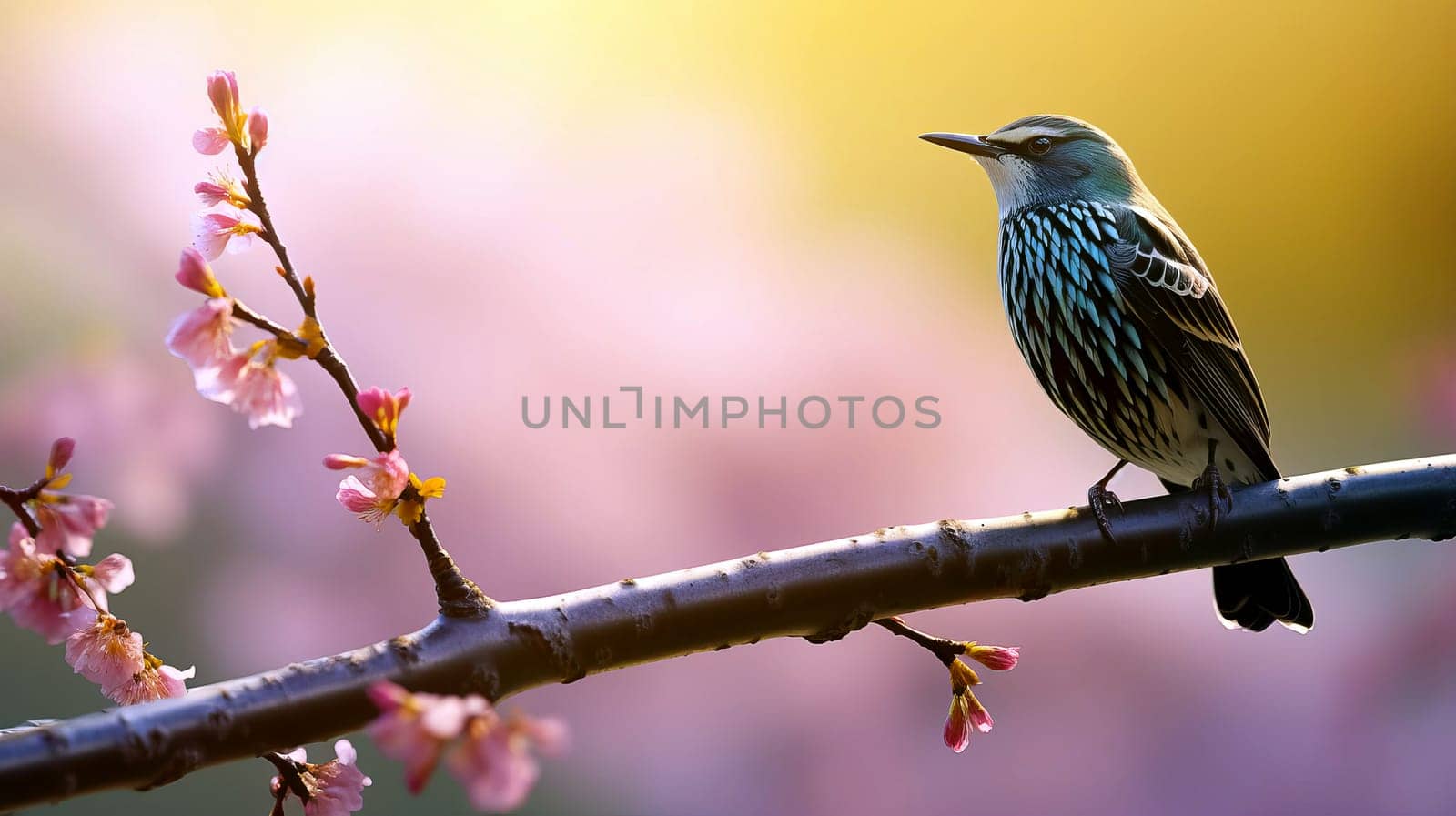 In early spring, a starling sings on a tree branch, AI generated.