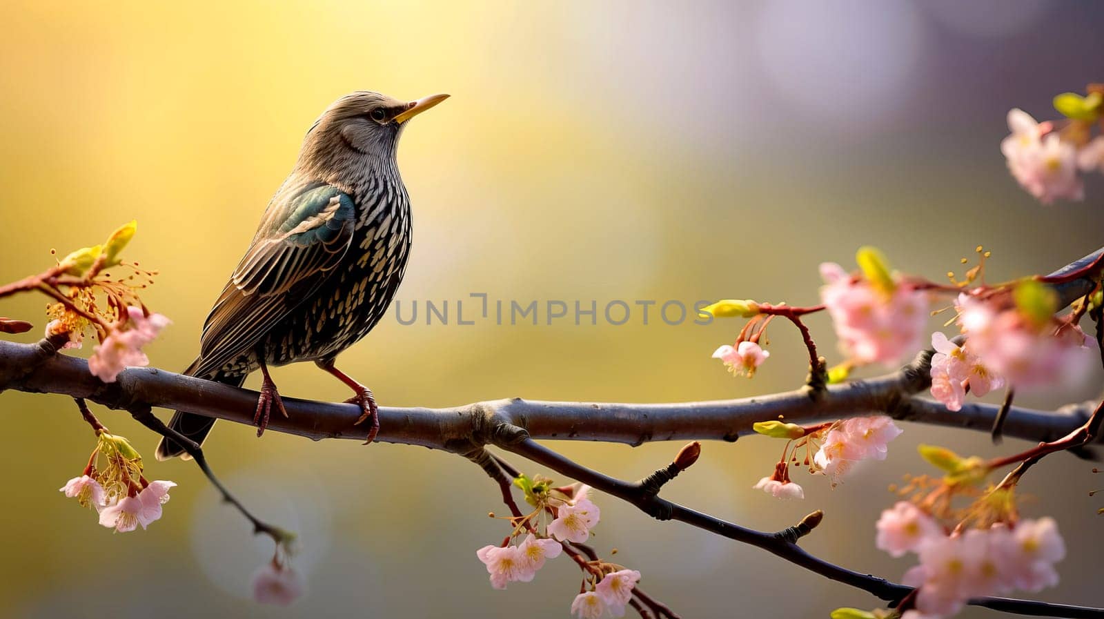In early spring, a starling sings on a tree branch, AI generated.
