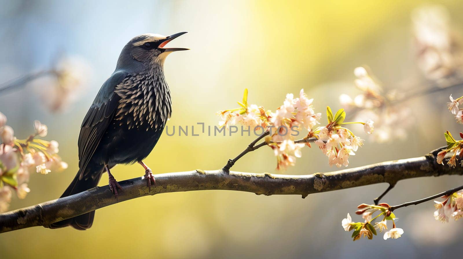 In early spring, a starling sings on a tree branch, AI generated.