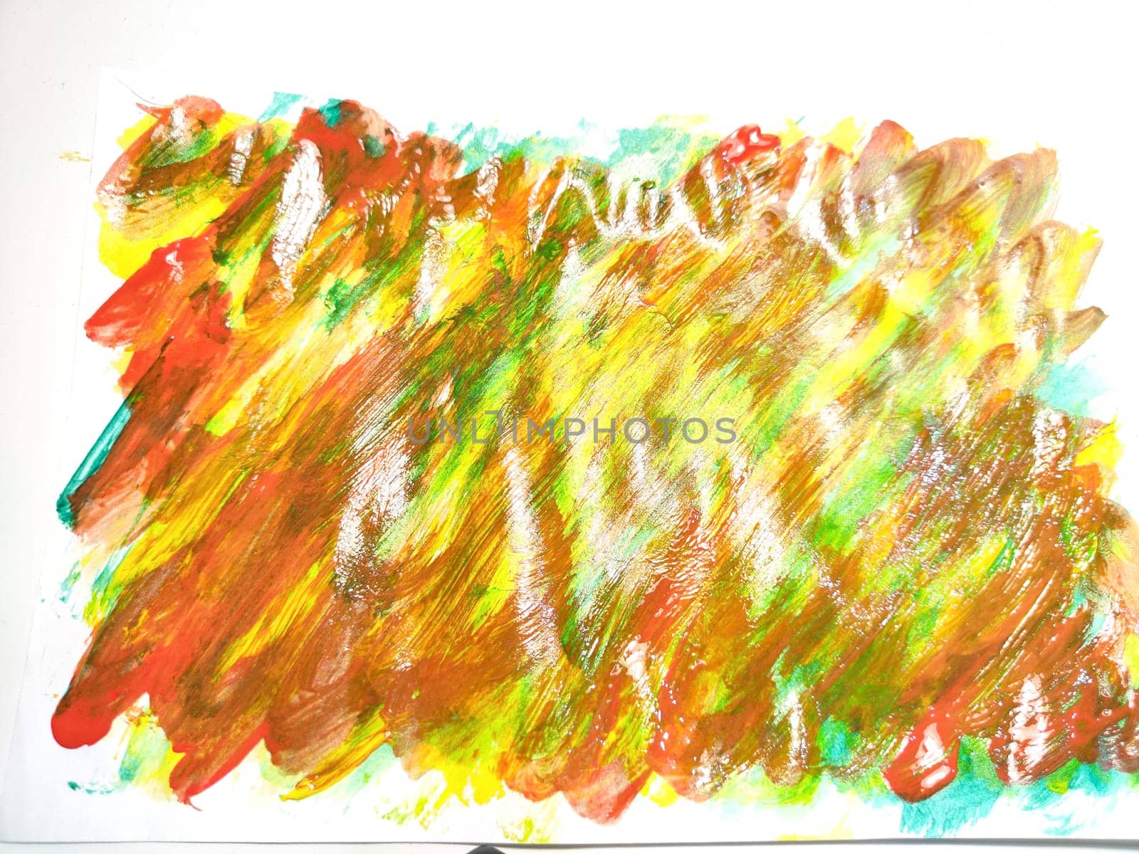 Background made of an abstract painting with watercolor paints with water stains, waves and lines in yellow, green, red and black colors. Texture, pattern, frame, copy space and place for text by keleny