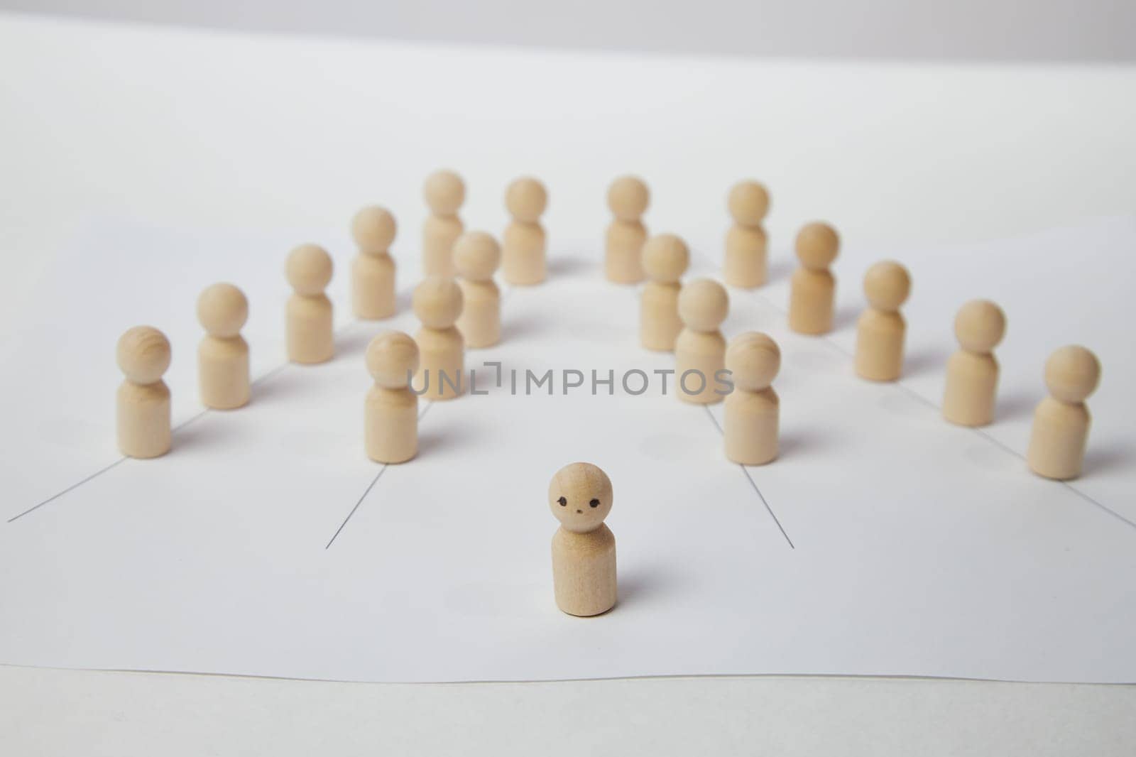 Wooden figurines with a leader and a group. Different, independent, sighted, determined, at head of group. Leadership concept, manager, influencer, CEO, market, opinion leader and business leader