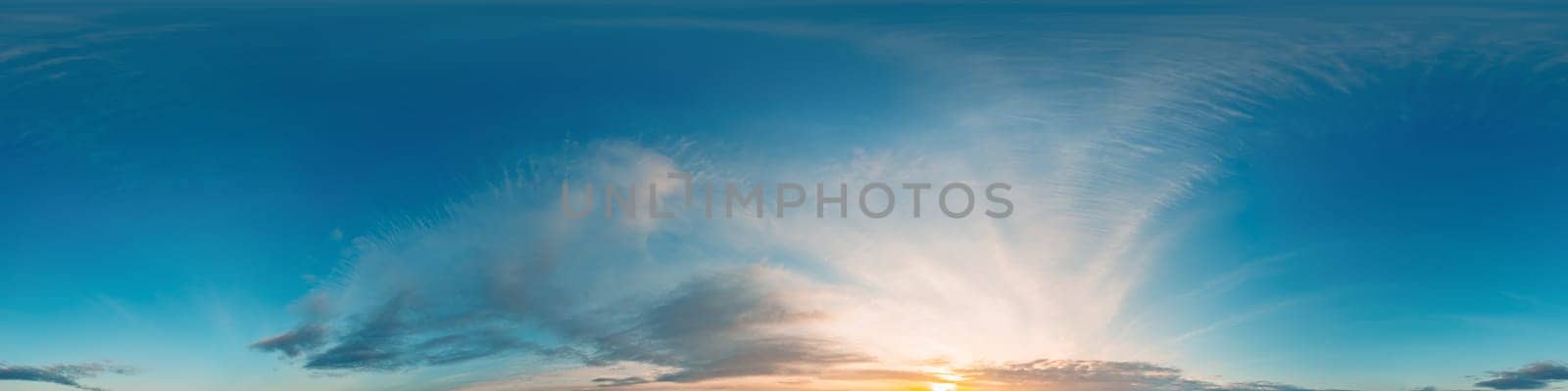 Bright sunset sky panorama with Cirrus clouds. Seamless hdr spherical equirectangular 360 panorama. Sky dome or zenith for 3D visualization, game and sky replacement for aerial drone 360 panoramas.