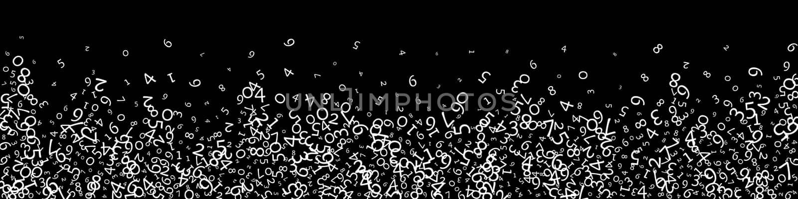 Falling numbers, big data concept. Binary white messy flying digits. Likable futuristic banner on black background. Digital illustration with falling numbers.