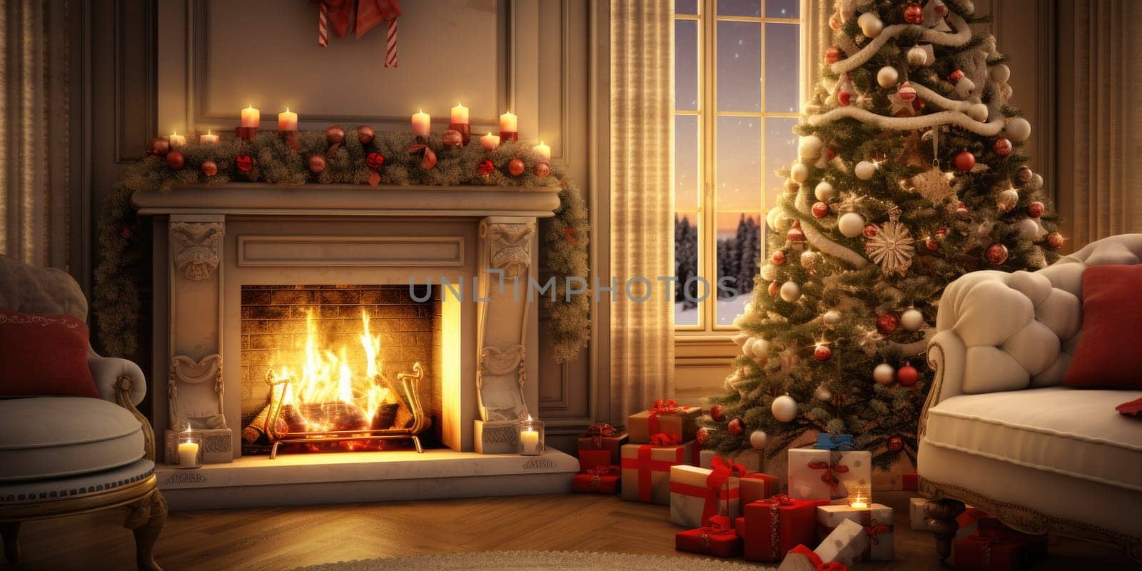 Interior of decorated living room with Christmas tree and comfortable sofa for family comeliness