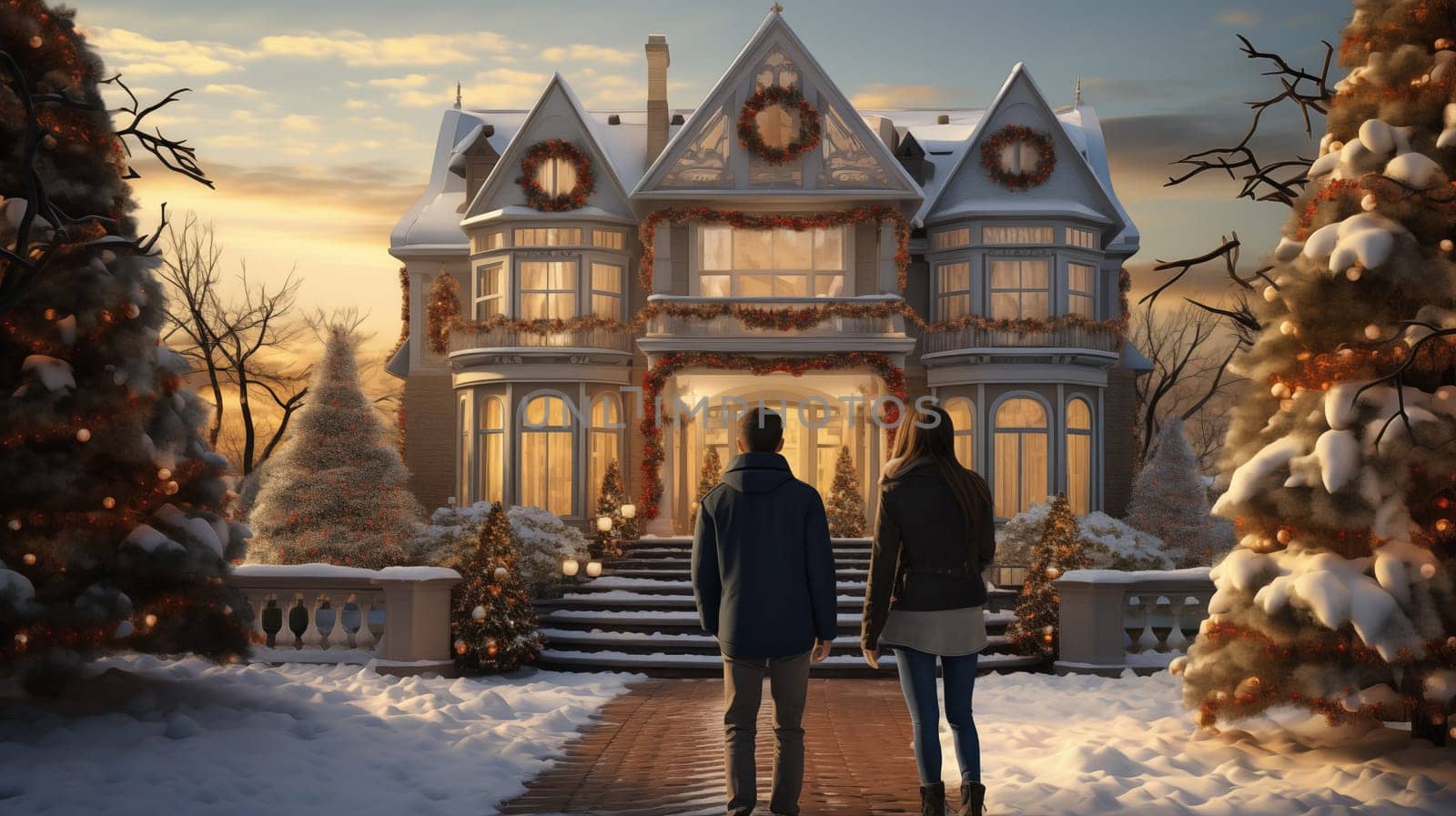 Rear view of a man and woman, against the background of a beautiful snow-covered country house decorated for Christmas