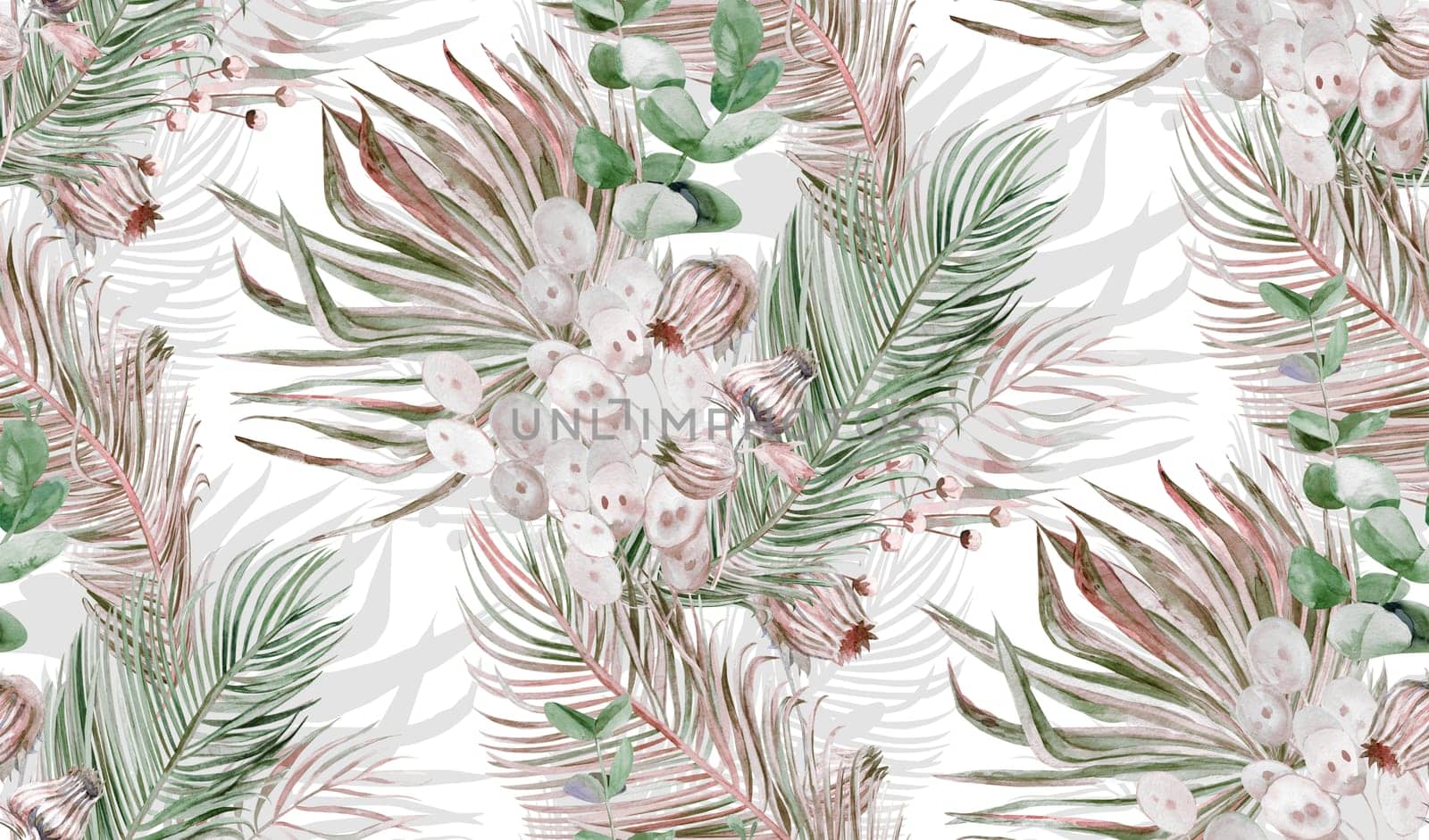 Botanical watercolor seamless pattern with bouquets of palm leaves and dry herbs for textile
