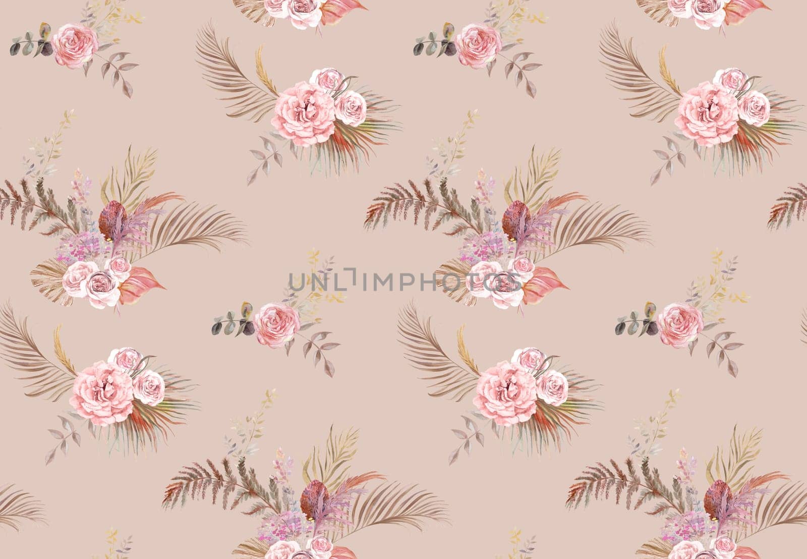 Watercolor seamless textile botanical pattern with delicate pink roses and dried flowers on a beige background by MarinaVoyush