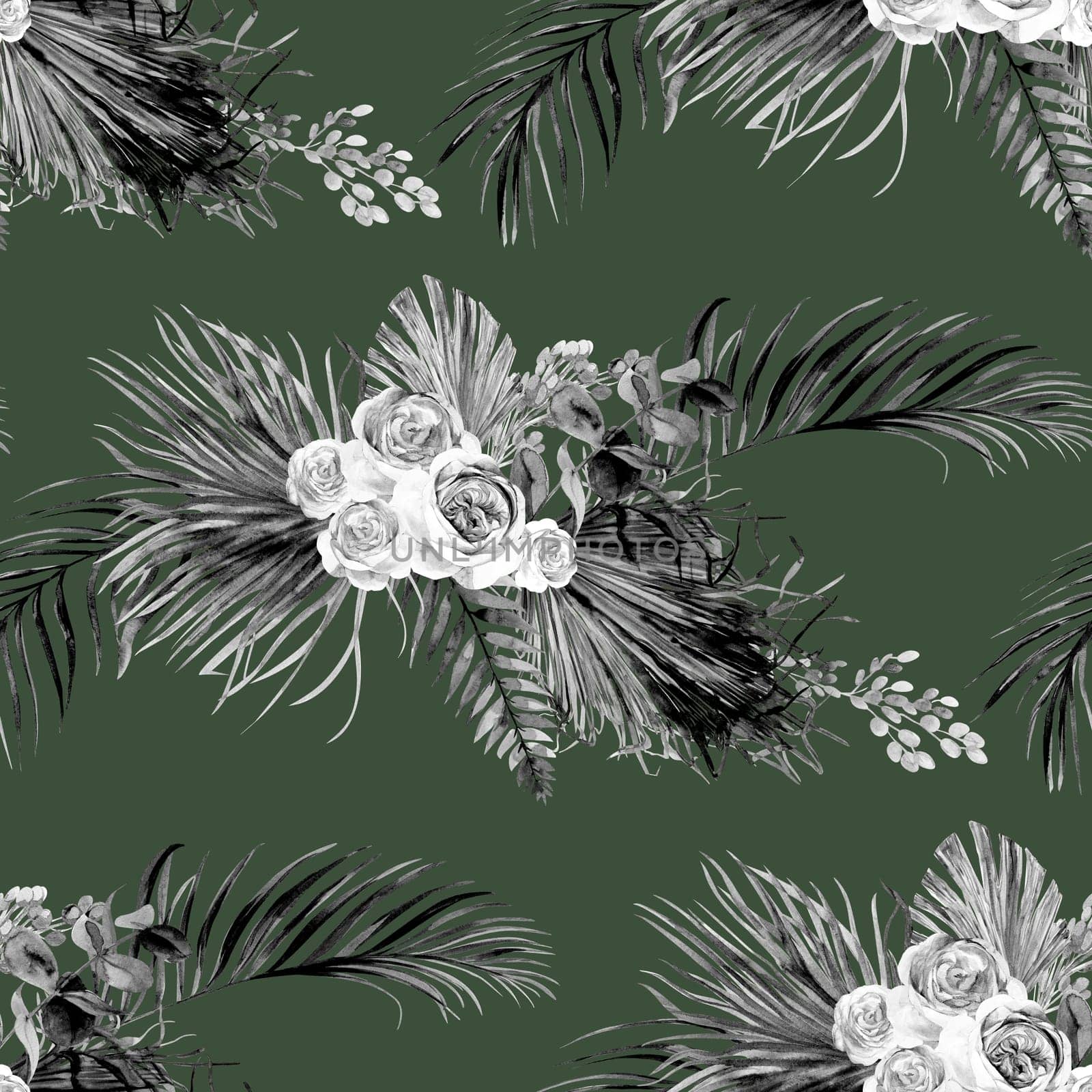 Seamless black and white pattern with a Bouquet of roses and tropical dried flowers in Boho style painted in watercolor on a green