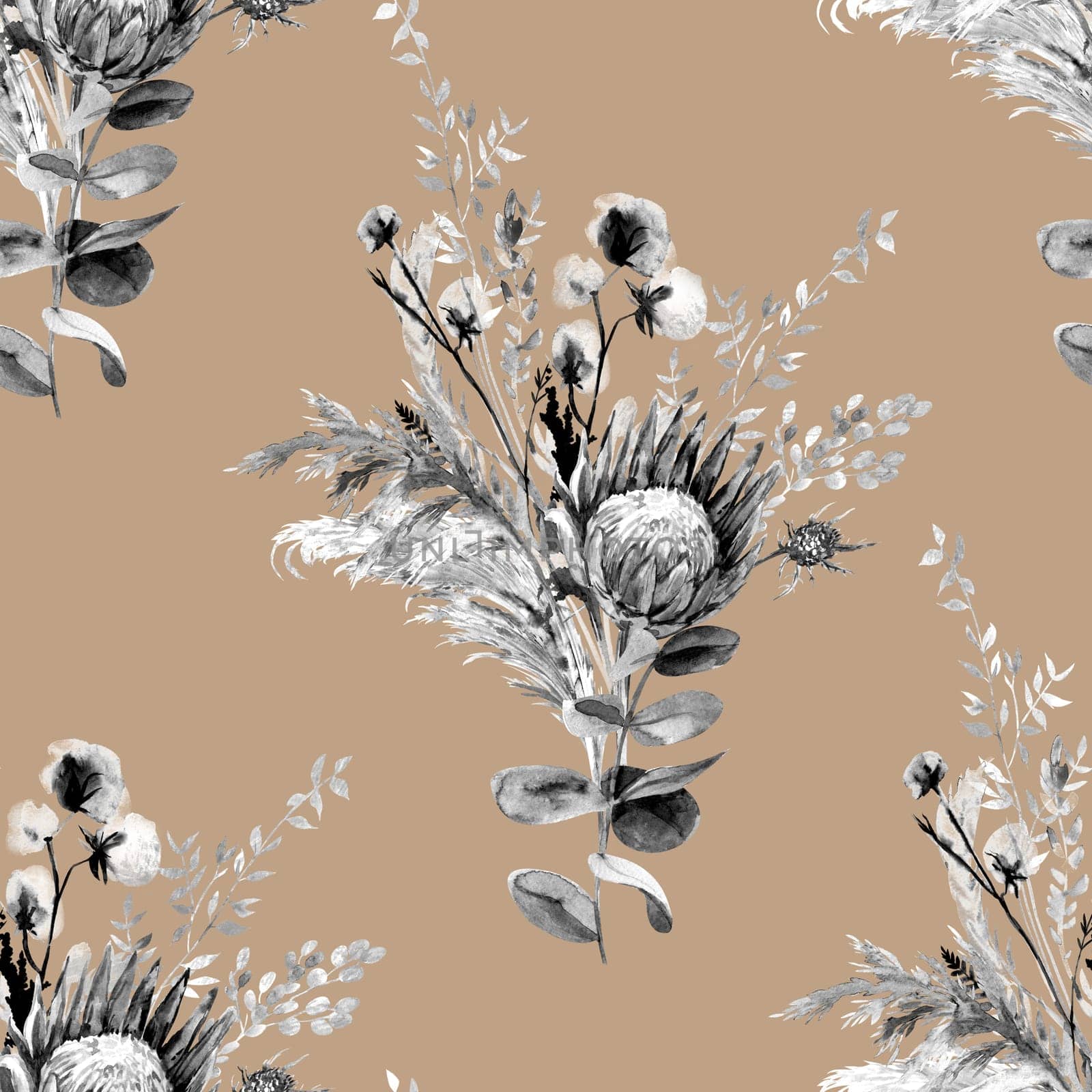 Botanical seamless black and white pattern with bouquet of dried protea flowers and tropical dried flowers on beige background