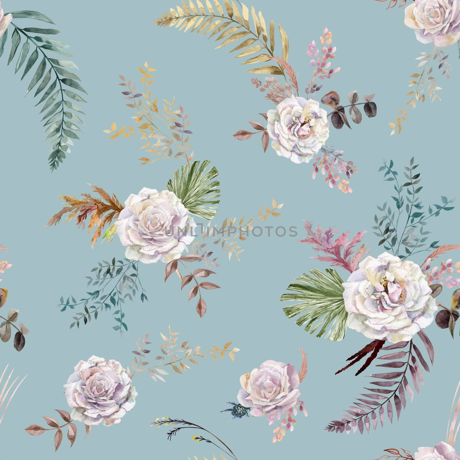 Watercolor vintage seamless pattern with flowers of white roses and tropical palm leaves for summer textiles