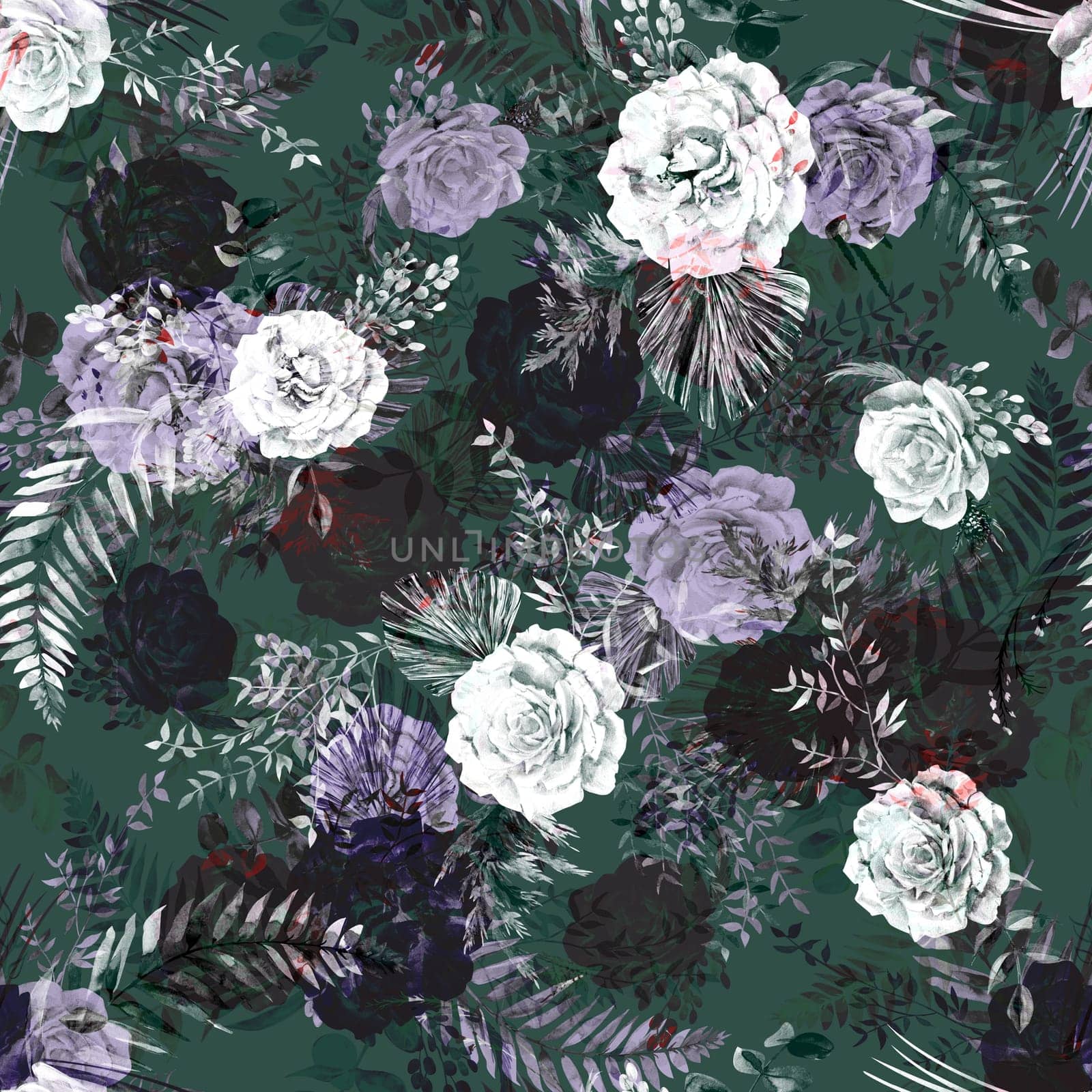 Seamless pattern with mix realistic silhouettes of garden roses and branches with flower silhouettes by MarinaVoyush