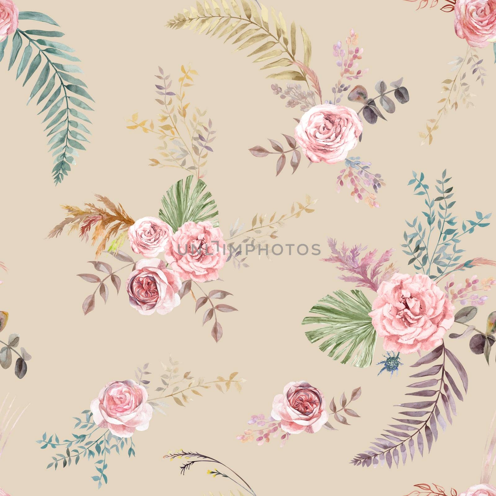 Watercolor vintage seamless pattern with flowers of white roses and tropical palm leaves for summer textiles of women is dresses and clothes