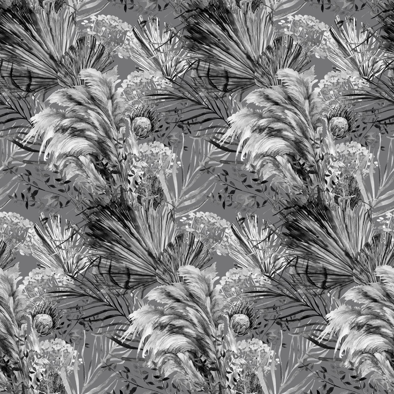 Monochrome watercolor seamless pattern with herbarium of protea flowers and tropical palm leaves by MarinaVoyush