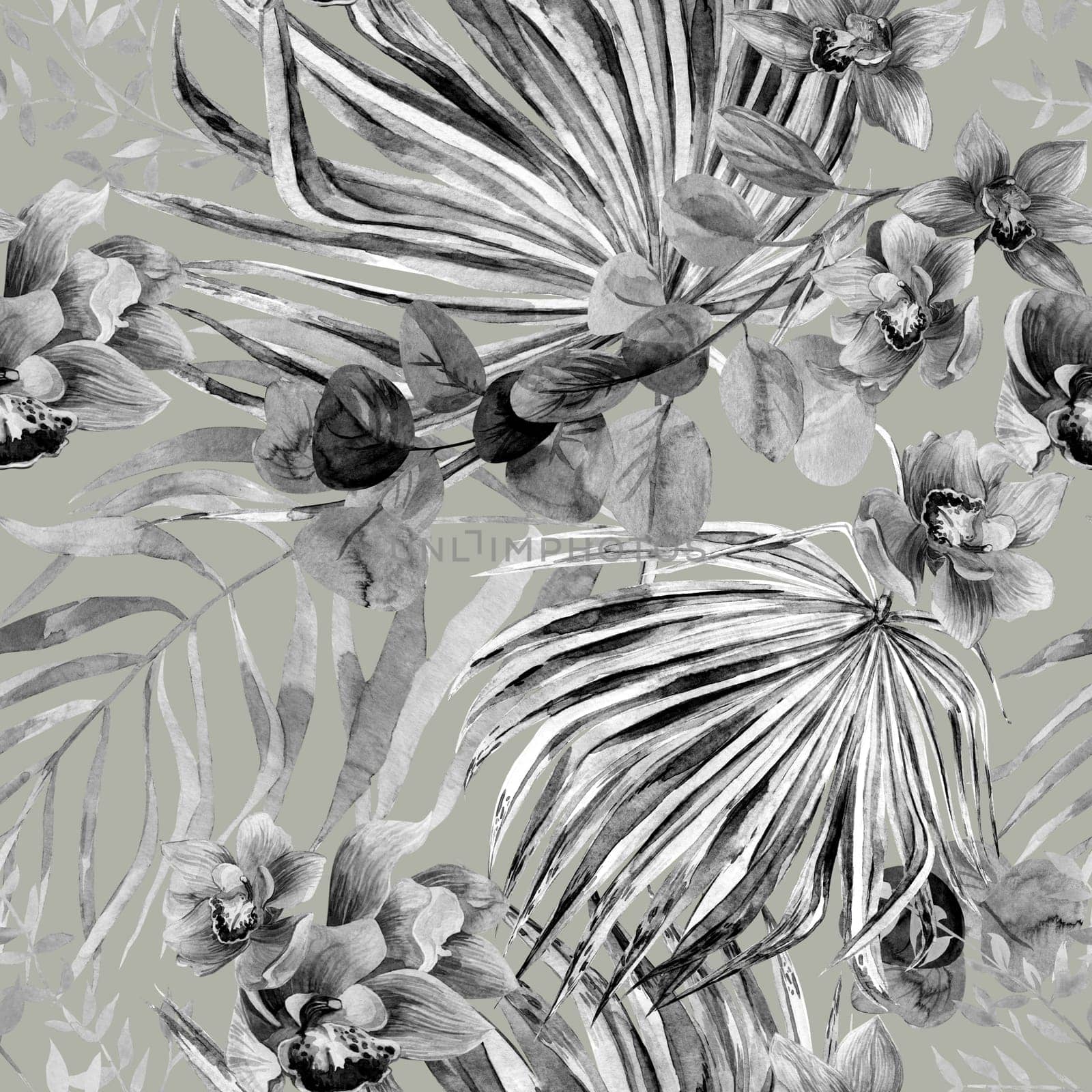 Seamless botanical monochrome pattern with watercolor flowers and palm leaves