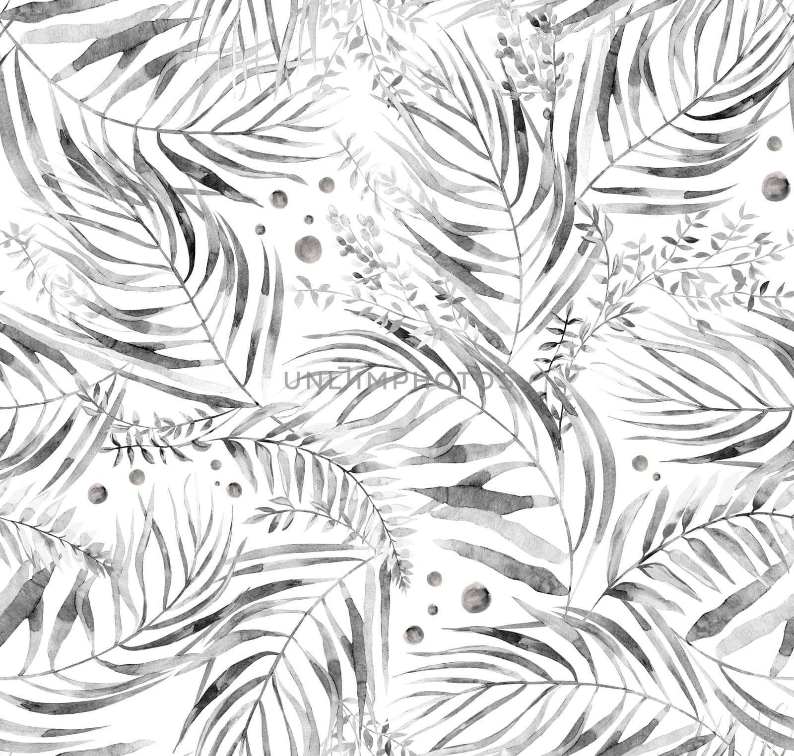 Monochrome watercolor seamless pattern with herbarium of flowers and tropical palm leaves by MarinaVoyush