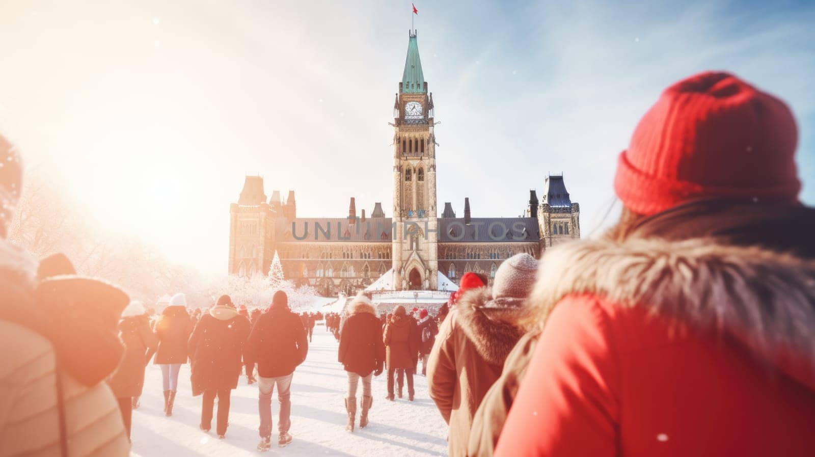 Happy Canadian wearing winter clothes celebrating Christmas holiday at Parliament Hill. People having fun hanging out together walking on city street. Winter holidays and relationship concept.