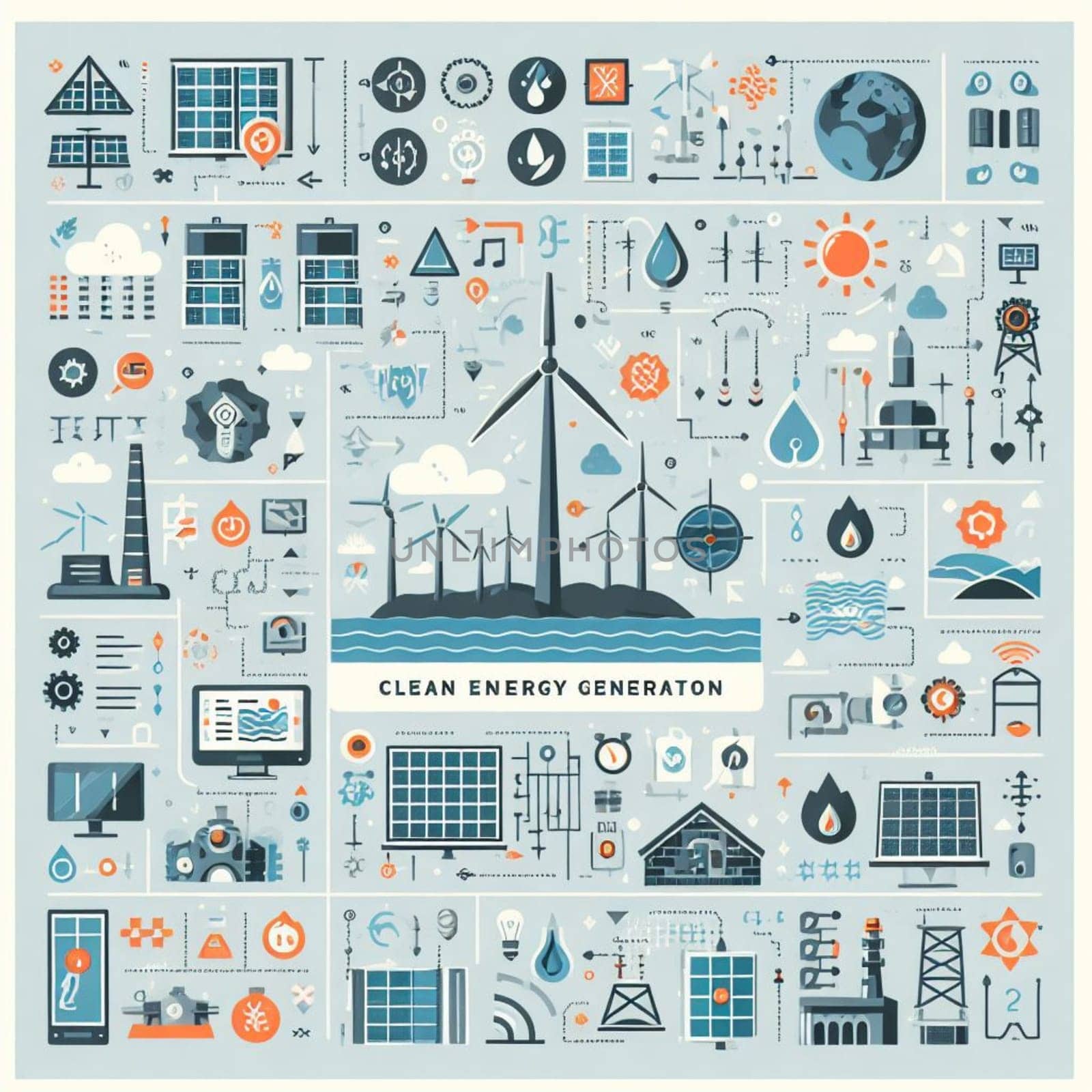 info graphic isometric depicting a set of clean energyy generation icons and situation for better future ai art