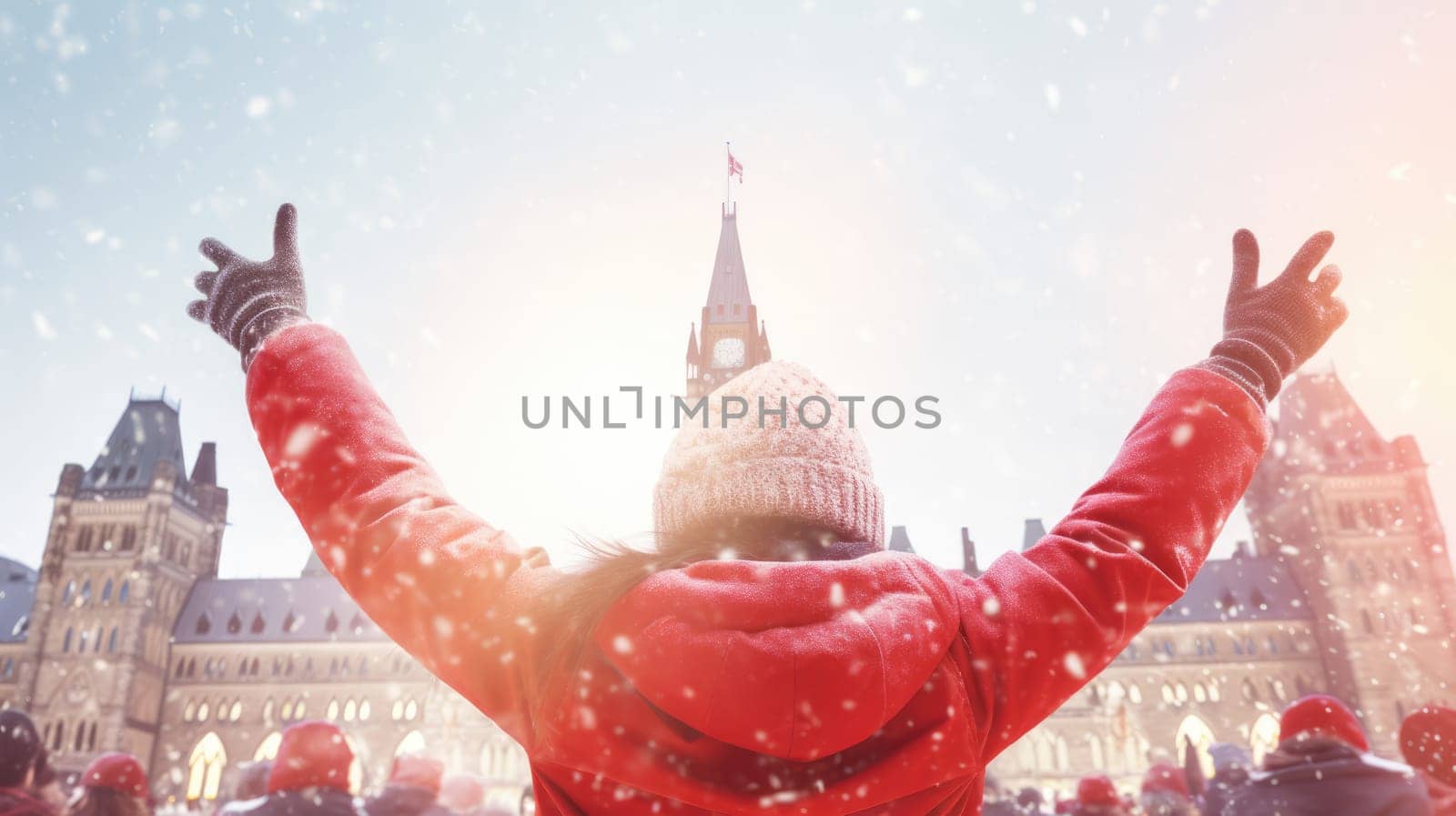 Happy Canadian wearing winter clothes celebrating Christmas holiday at Parliament Hill. People having fun hanging out together walking on city street. Winter holidays and relationship concept by JuliaDorian