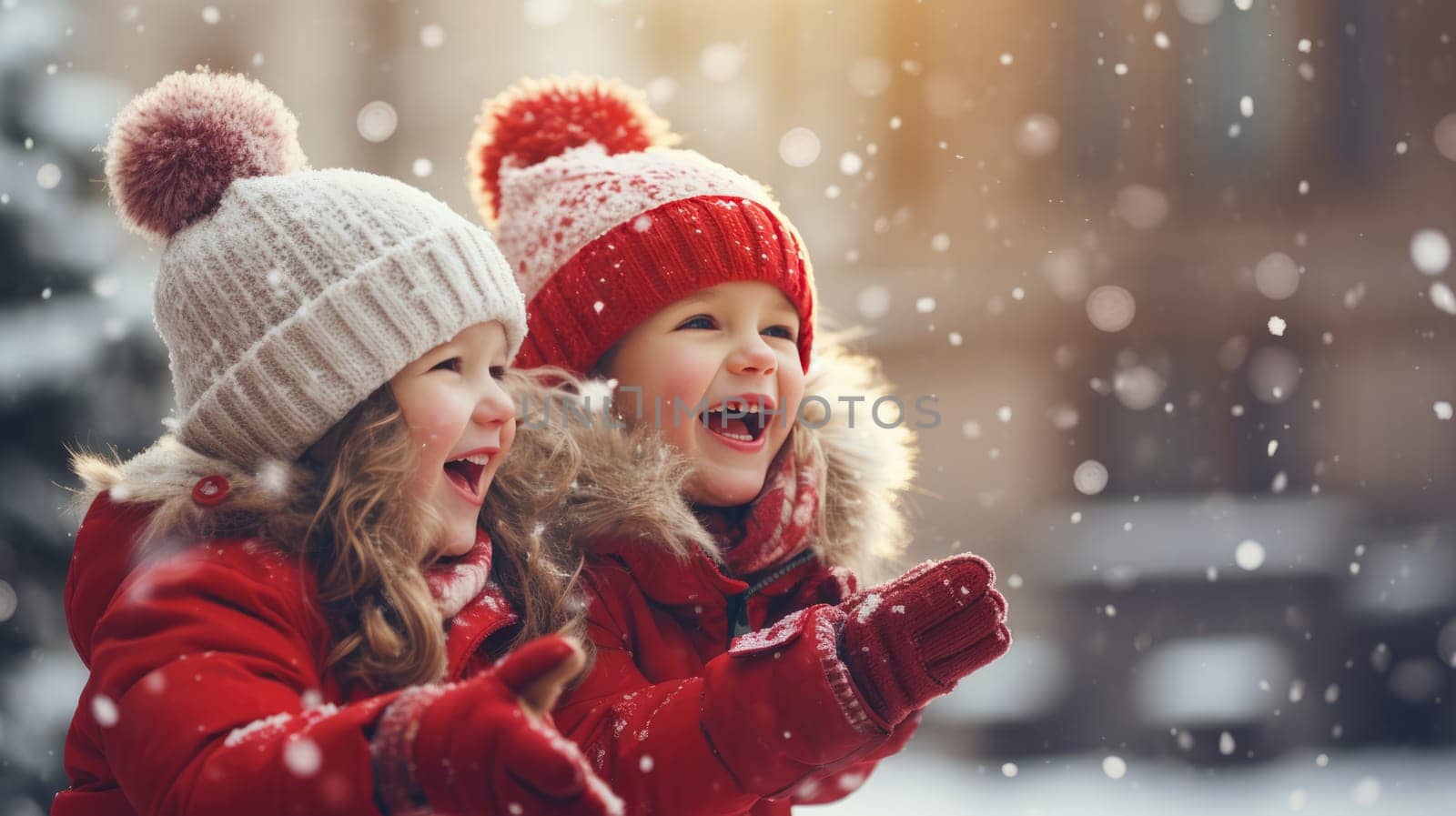 Kids building snow man playing outdoors on sunny snowy winter day. Outdoor family fun on Christmas vacation. by JuliaDorian