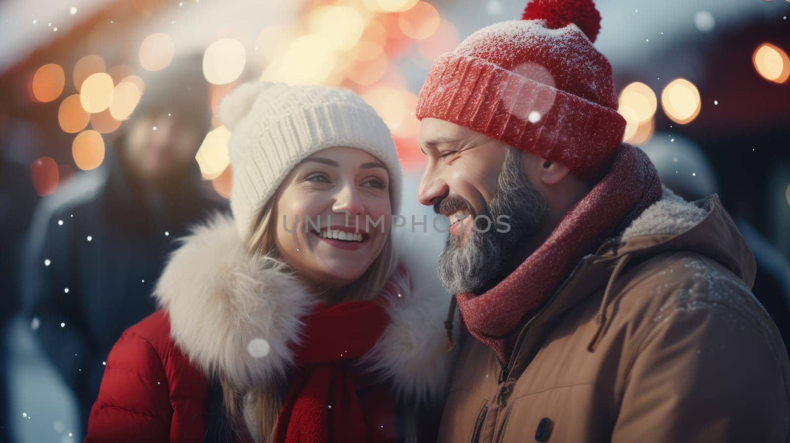 Happy Friends wearing winter clothes celebrating Christmas holiday. People having fun hanging out together walking on city street. Winter holidays and relationship concept by JuliaDorian