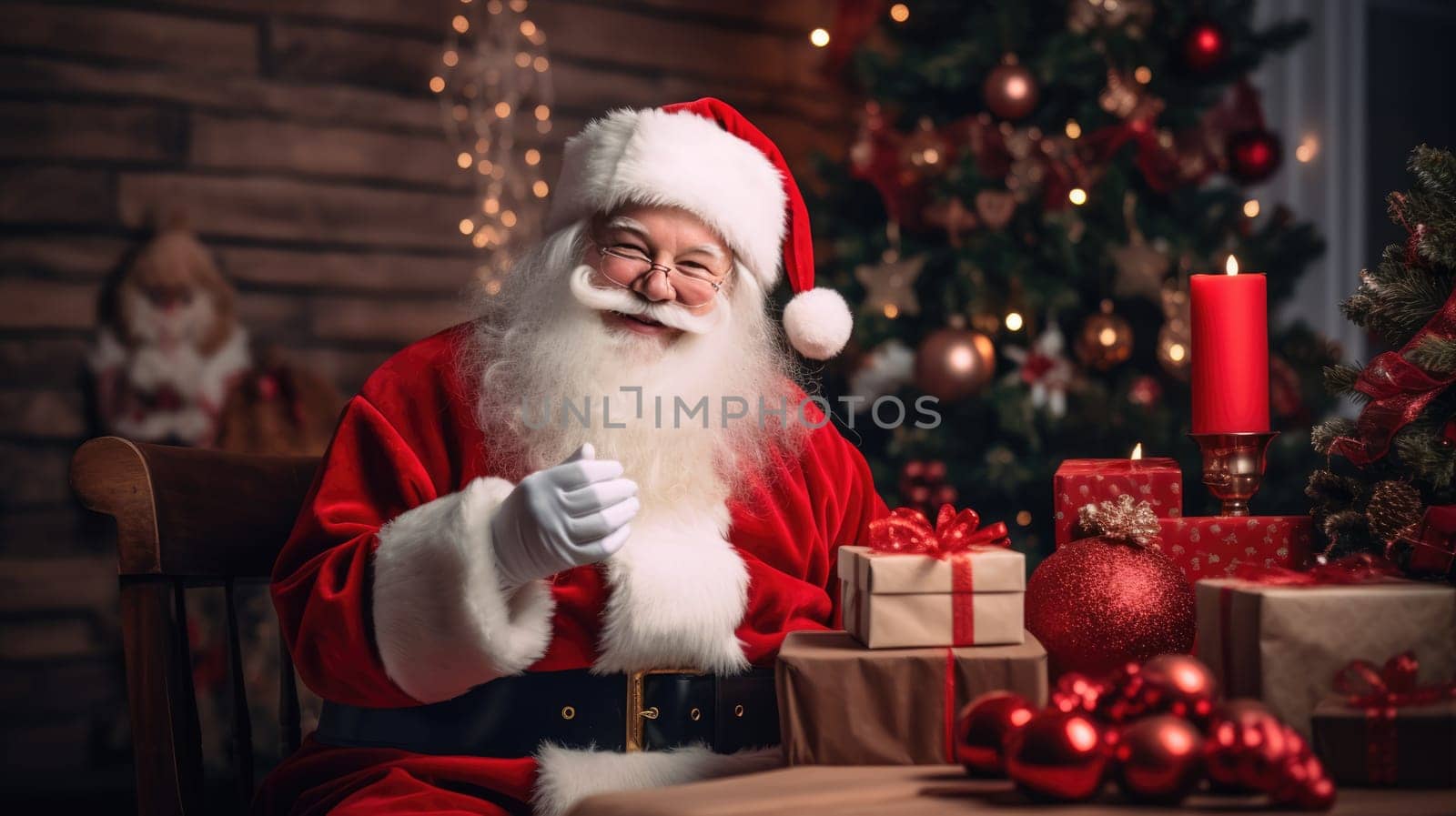Happy old Santa Claus holding gift box sitting at workshop on Christmas eve