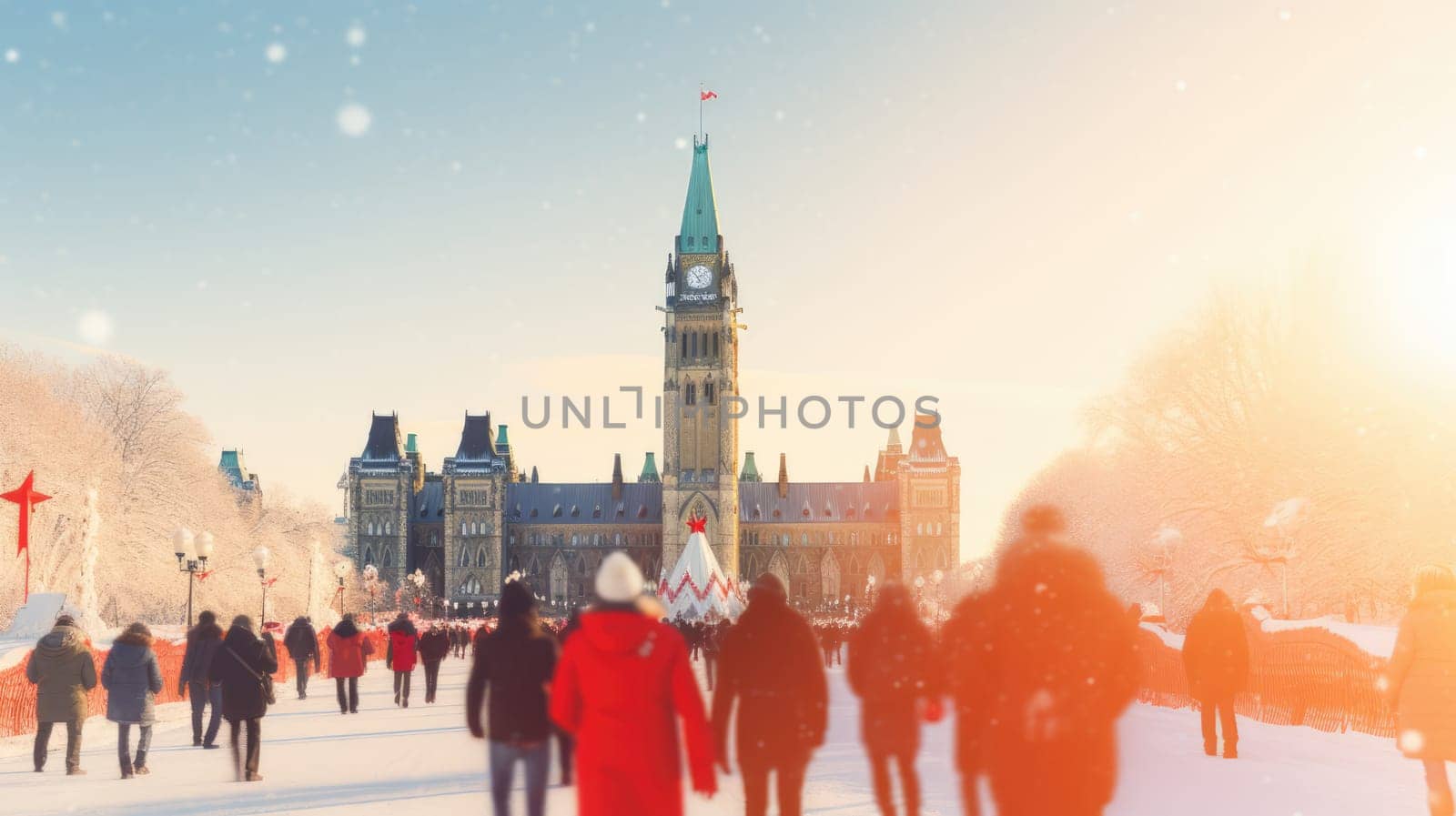 Happy Canadian wearing winter clothes celebrating Christmas holiday at Parliament Hill. People having fun hanging out together walking on city street. Winter holidays and relationship concept.